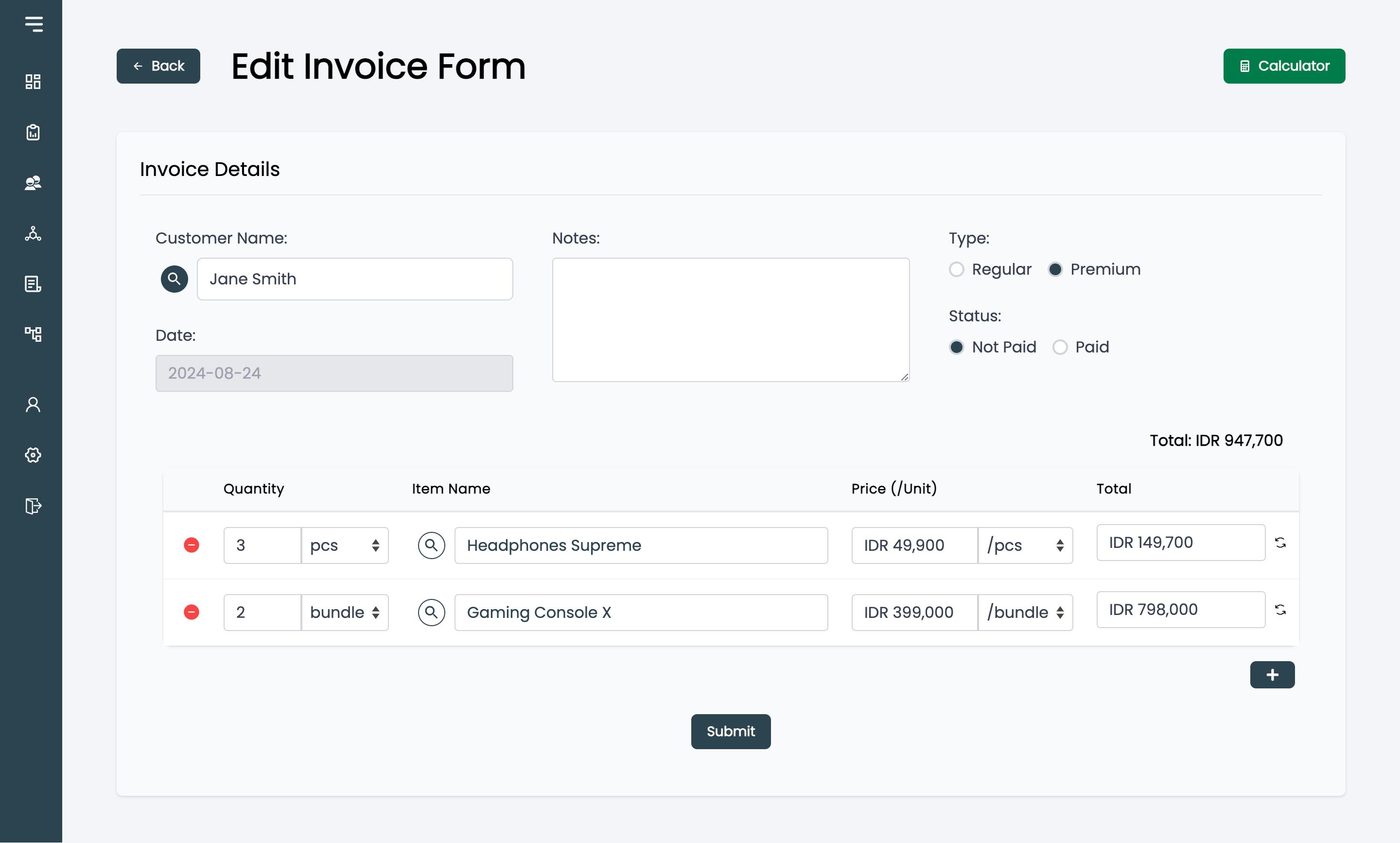Edit invoice page