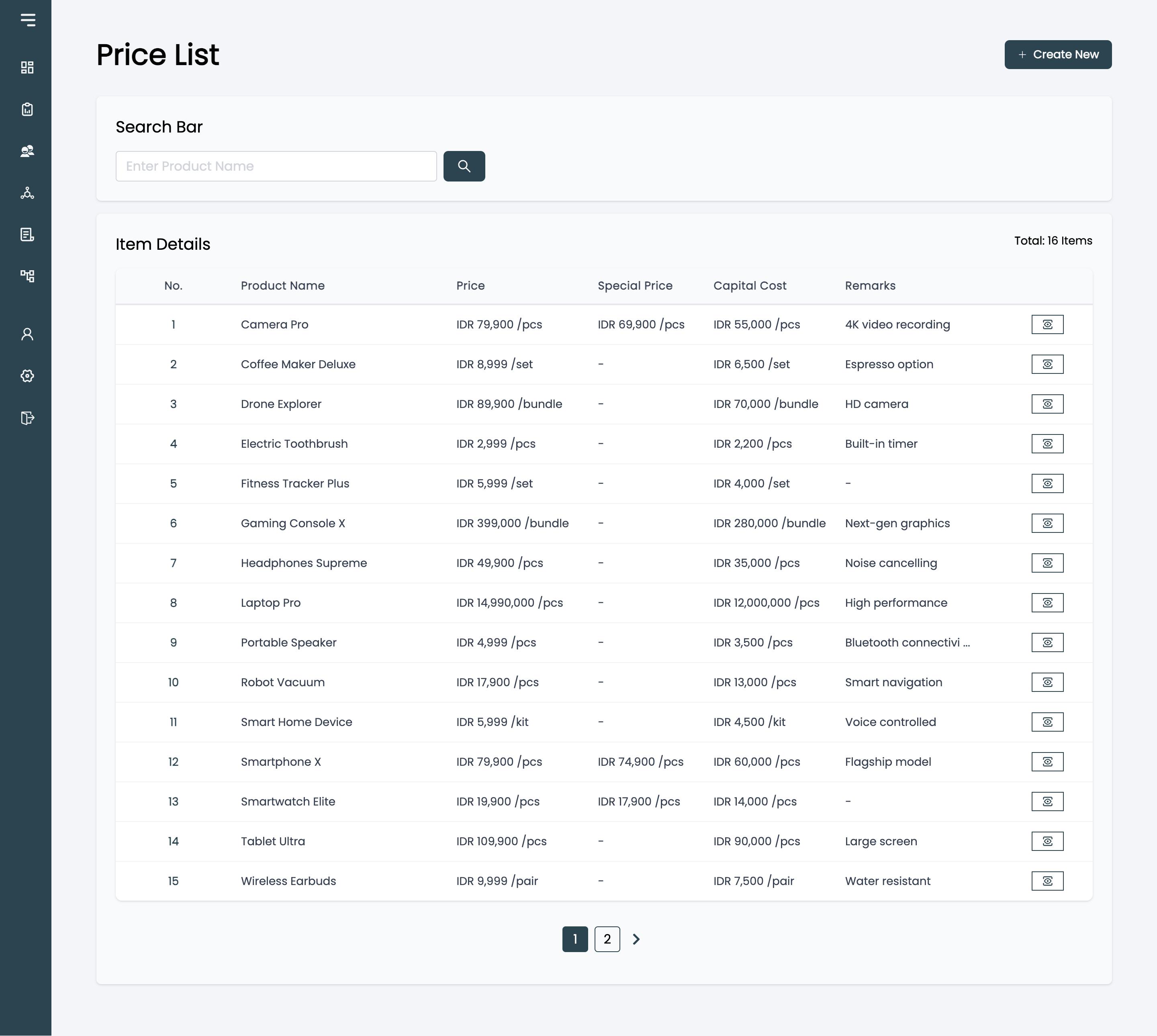 Product price list page