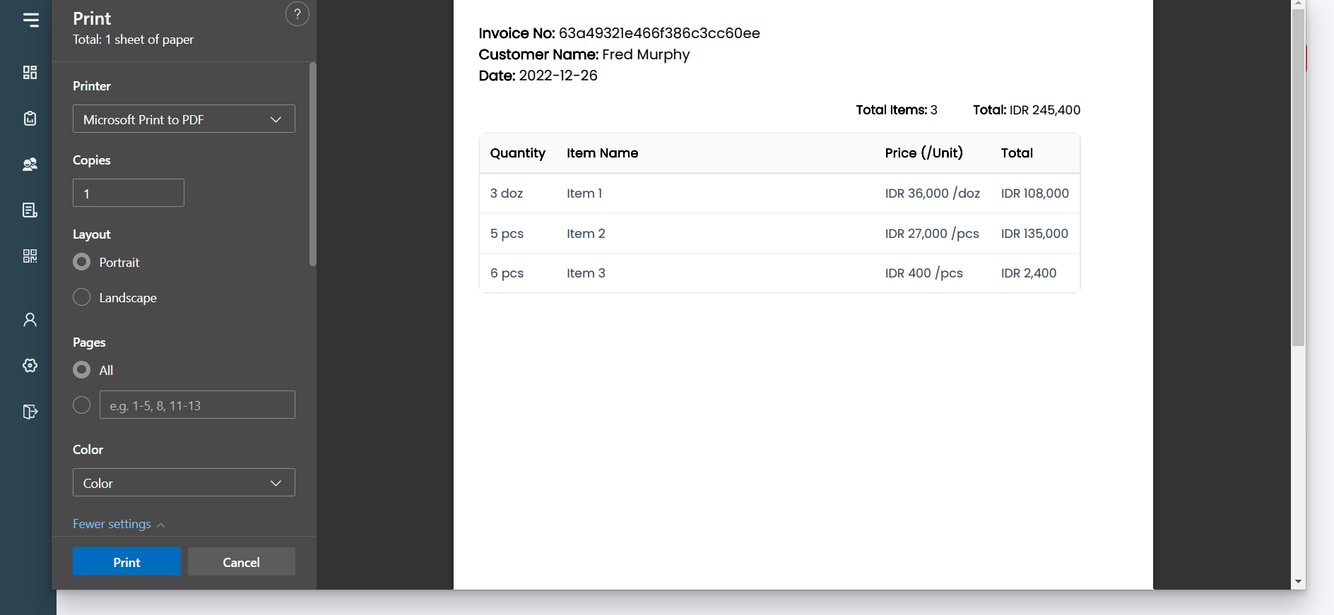 Invoice print preview