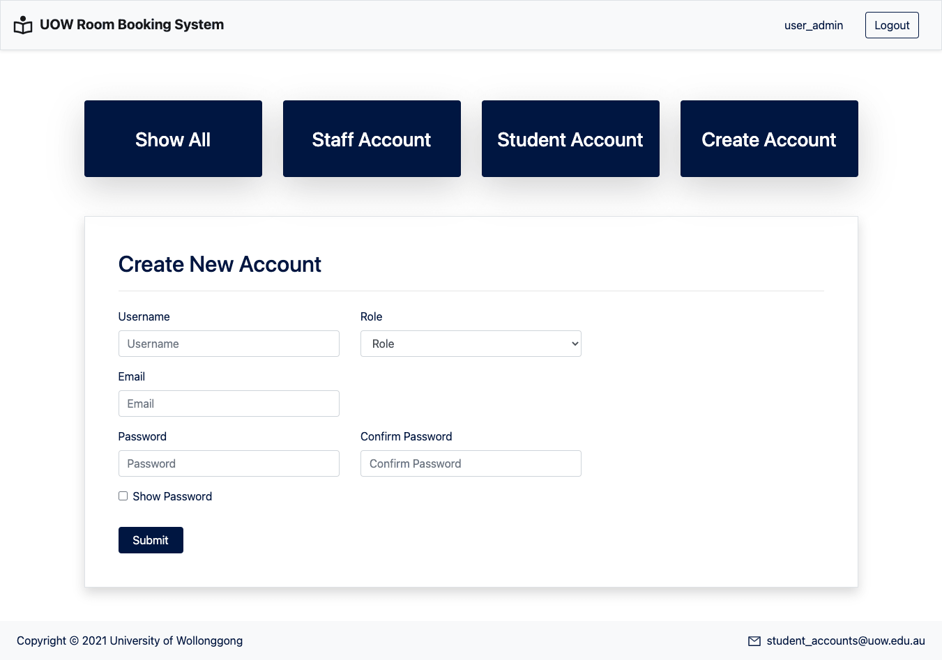 Room Booking System account creation form