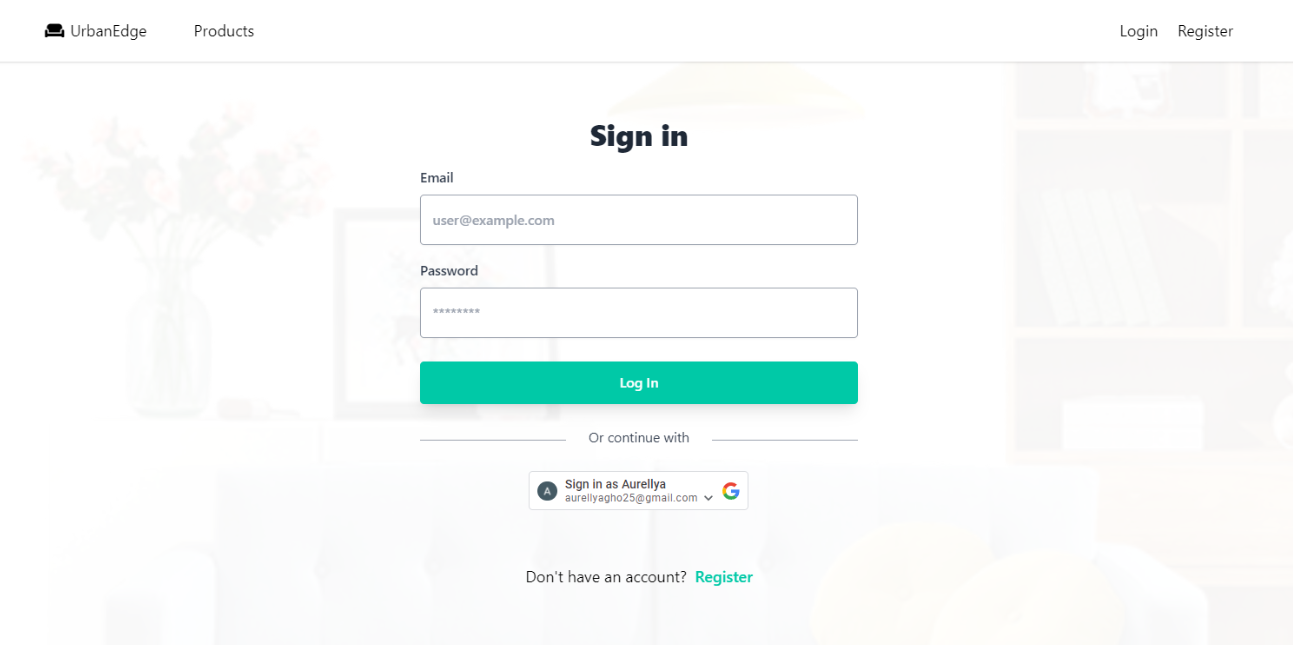 Urban Edge furniture product interface login page